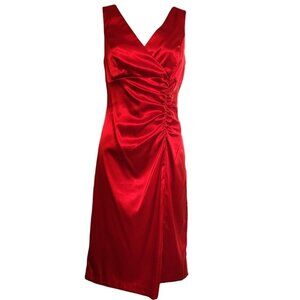 Blondie Nites by Linda Bernell Red Satin V-neck Midi Dress - size 8 / Medium